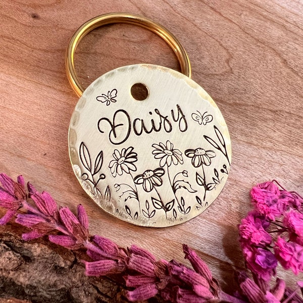 Daisy Dog Tag - Daisies - Summer - Butterfly - Dog Collar Tag - Summer Dog Tag - Hand Stamped - Custom - Personalized - Cute