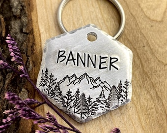 Mountain Range Dog Tag: Forest Design, Trees, Mountains, Hand Stamped, Personalized Pet ID