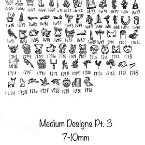 May include: A sheet of paper with 100 black and white stamp designs, numbered 1501 to 1731. The designs are for medium-sized stamps, measuring 7 to 10 millimeters. The text "Medium Designs Pt. 3" and "7-10mm" is printed below the designs.