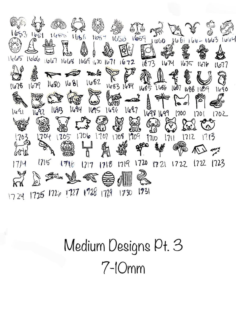 May include: A sheet of paper with 100 black and white stamp designs, numbered 1501 to 1731. The designs are for medium-sized stamps, measuring 7 to 10 millimeters. The text "Medium Designs Pt. 3" and "7-10mm" is printed below the designs.