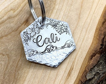 Ocean Dog Tag: Monstera Design, Hibiscus, Tropical, Waves, Personalized Pet ID