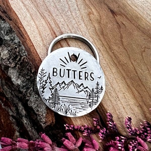 Mountain Sunrise Dog Tag - Lake - Forest - Camping - Dog Tag - Dog Collar Tag - Pet Name Tag - Hand Stamped Dog Tag - Custom