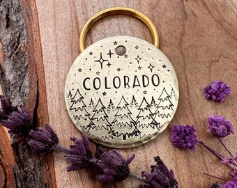Winter Forest Dog Tag: Snow Design, Trees, Night Sky, Stars, Camping, Personalized Pet ID