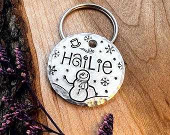 Snowman Dog Tag: Frosty Design, Winter, Snow, Snowflakes, Christmas, Personalized Pet ID