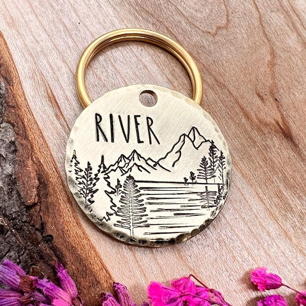 Lake Dog Tag - Mountain Lake Dog Tag - Forest - Dog Tag - Dog Collar Tag - Pet Name Tag - Hand Stamped - Custom - Personalized - Hunting Dog