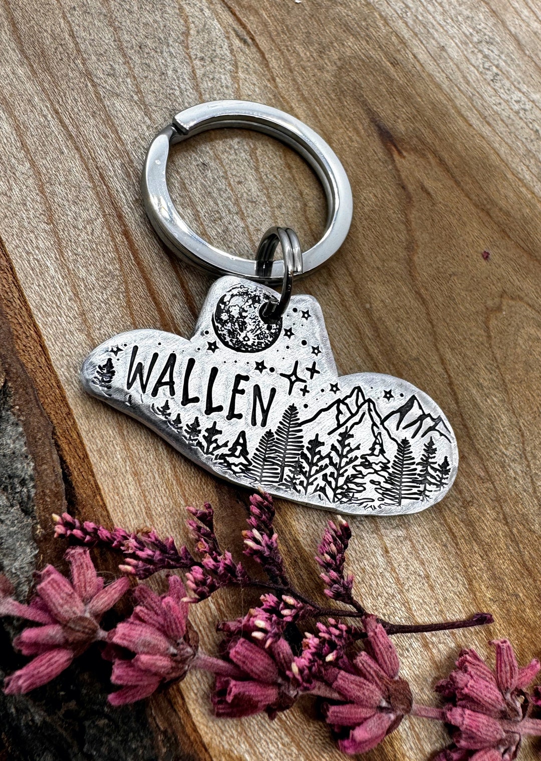 Cowboy Hat Shaped Dog Tag: Country Design, Mountains, Forest, Full Moon ...