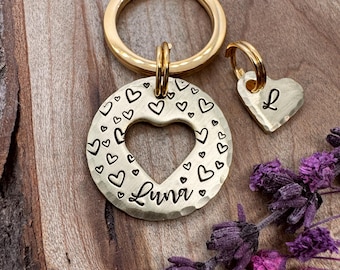 Heart Pet Tag: Brass, Matching Set, Custom Dog Cat ID, Mini Collar Charm