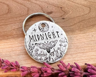 Deaths Head Moth Dog Tag: Moths Design, Full Moon, Stars, Mushrooms, Personalized Pet ID