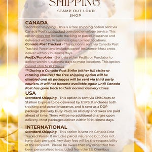 May include: A white rectangular informational sign with dark brown text titled SHIPPING STAMP OUT LOUD SHOP. The text details shipping policies for Canada, USA, and International orders, including information on carriers, delivery times, and tracking.