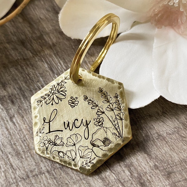 Wildflower Dog Tag: Bee Design, Bumblebee, Poppy, Lavender, Flowers, Floral, Personalized Pet ID