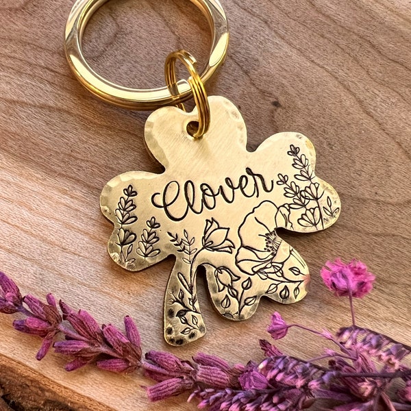 Clover Dog Tag - Clover Shaped - Dog Collar Tag - Pet Name Tag - Stamped Dog Tag - Custom - Personalized - Shamrock - Wildflowers