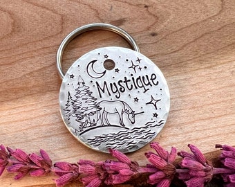 Unicorn Dog Tag: Fantasy Design, Lake, Night Sky, Hand Stamped, Personalized Pet ID