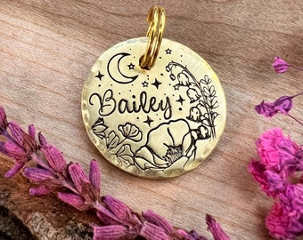 Small Night Blooms Pet Tag: Poppy Design, Bluebells, Crescent Moon, Personalized ID Dogs Cats