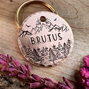 Pet ID Tag - Mountain Dog Tag - Sunrise - Forest - Trees - Dog Collar Tag - Adventure - Hand Stamped - Custom - Personalized - Cute