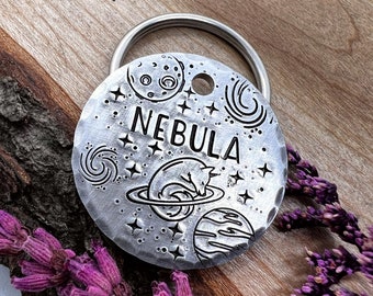 Astronaut Dog Tag: Outer Space Design, Planets, Night Sky, Hand Stamped, Personalized Pet ID