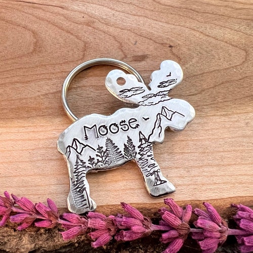 Moose Shaped Dog Tag: Mountain Design, Forest, Trees, Clouds, Personalized Pet ID