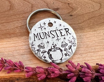 Cauldron Dog Tag: Halloween, Fantasy, Witchy, Mushrooms, Forest, Personalized Pet ID