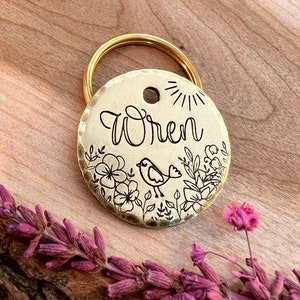 Haustier Marke - Singvogel Hundemarke - Hundemarke - Hundehalsband Marke - Haustier Namensmarke - Handgestempelte Hundemarke - Individuell - Floral -Wildblumen