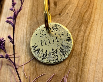 Full Moon Dog Tag: Forest Design, Camping, Night Sky, Personalized Pet ID