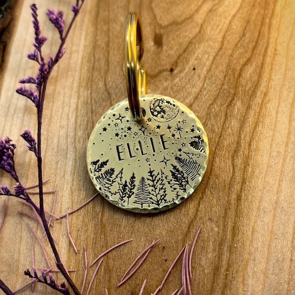 Pet ID Tag - Forest Dog Tag - Night Sky Dog Tag - Full Moon Dog tag - Pet Name Tag - Hand Stamped - Custom - Personalized - Round Dog Tag