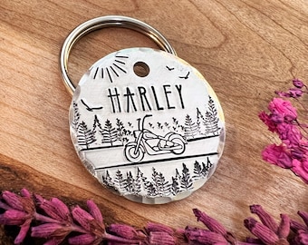Motorcycle Dog Tag: Biker Design, Biking, Forest, Road, Personalized Pet ID