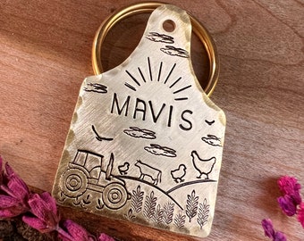 Tractor Dog Tag: Cattle Ear Tag Shaped, Farm, Barnyard, Cows, Chickens, Personalized