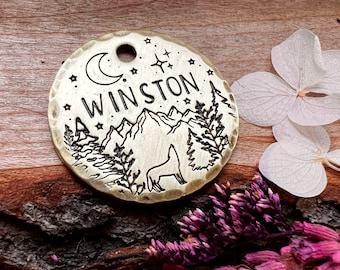 Howling Wolf Dog Tag: Mountain Design, Mountain, Trees, Camping, Stars, Personalized Pet ID
