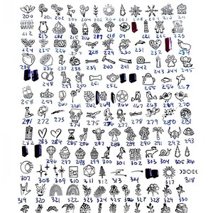 May include: A sheet of black and white images numbered 200 to 350. The images are small and depict various designs, including animals, plants, objects, and symbols. The images are arranged in rows and columns on a white background. The text "Medium Designs Pt. 1" and "7-10mm" is at the top of the sheet.