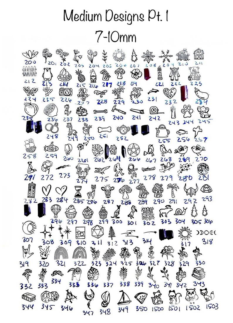 May include: A sheet of black and white images numbered 200 to 350. The images are small and depict various designs, including animals, plants, objects, and symbols. The images are arranged in rows and columns on a white background. The text "Medium Designs Pt. 1" and "7-10mm" is at the top of the sheet.