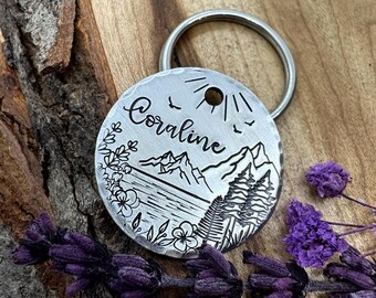 Placa de identificación de lago: diseño de montaña, bosque, amanecer, pájaros, identificación personalizada para mascotas