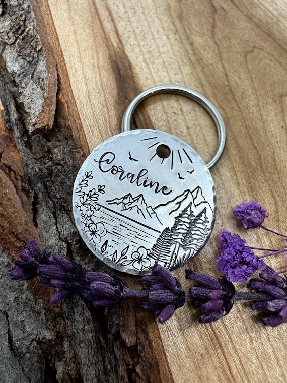 Lake Dog Tag: Mountain Design, Forest, Sunrise, Birds, Personalized Pet ID