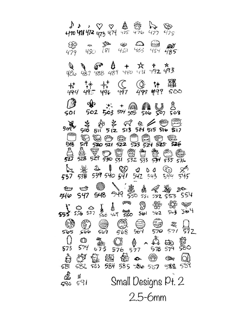 May include: A sheet of black and white small design stickers. The stickers are approximately 2.5 to 6 millimeters in size. The sheet includes a variety of designs, including hearts, stars, musical notes, animals, and more.