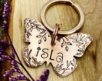 Butterfly Shaped Dog Tag: Wildflower Design, Vines, Butterflies, Buds, Spring, Personalized Pet ID