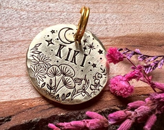 SMALL TAG - Wildflowers - Night Blooms - Crescent  Moon - Small Dog Tag - Cat Tag - Custom - Personalized - Dog Collar - Cat Collar - Kitten