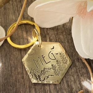 Mountain Dog Tag: Forest Design, Birds, Sun, Camping, Personalized Pet ID