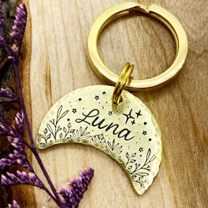 Pet ID Tag - Moon - Dog Tag - Cat Tag - Dog Collar Tag - Pet Name Tag - Hand Stamped Dog Tag - Custom - Personalized -Celestial- Moon Shaped