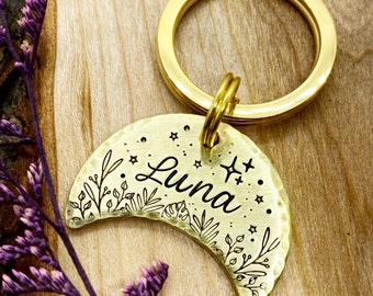 Moon Shaped Pet Tag: Night Sky, Dog and Cat ID, Floral, Ferns, Personalized