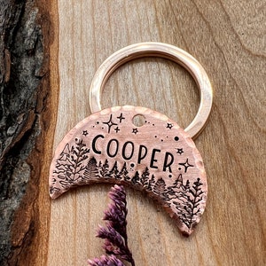 Moon Shaped Pet Tag: Forest, Night Sky, Dog and Cat ID, Personalized