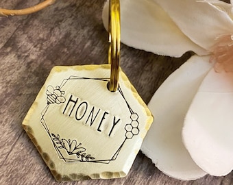 Honeycomb Dog Tag - Honey Bee - Bee - Bumblebee - Dog Collar Tag - Pet Name Tag - Hand Stamped - Custom - Personalized - Beehive - Honey Tag