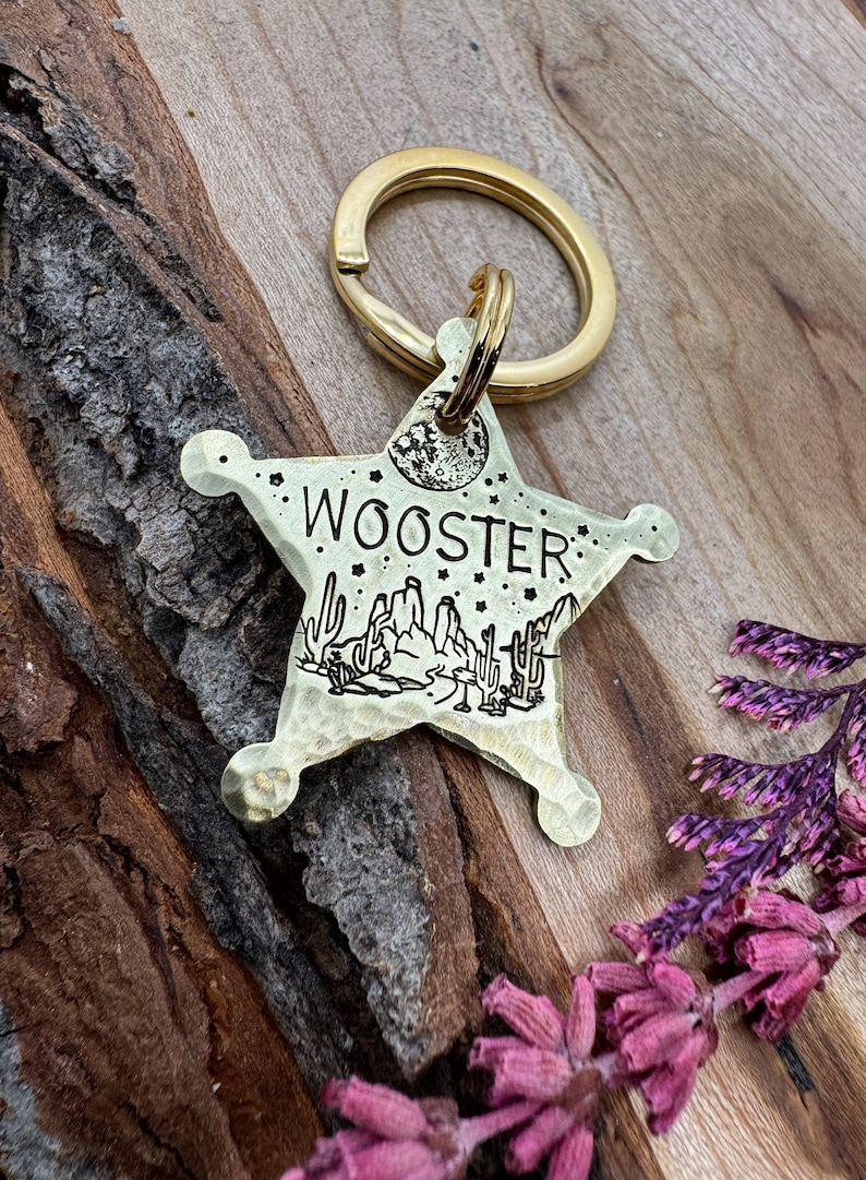 May include: A gold-colored star-shaped dog tag with a desert scene and the name "WOOSER" engraved on it. The tag is attached to a gold-colored key ring.