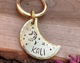 Moon Shaped Pet Tag: Night Sky, Halloween, Bats, Dog and Cat ID, Personalized