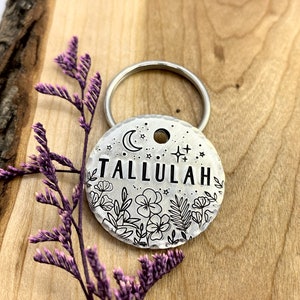 Wildflower Dog Tag: Night Flower Design, Crescent Moon, Flowers, Personalized Pet ID