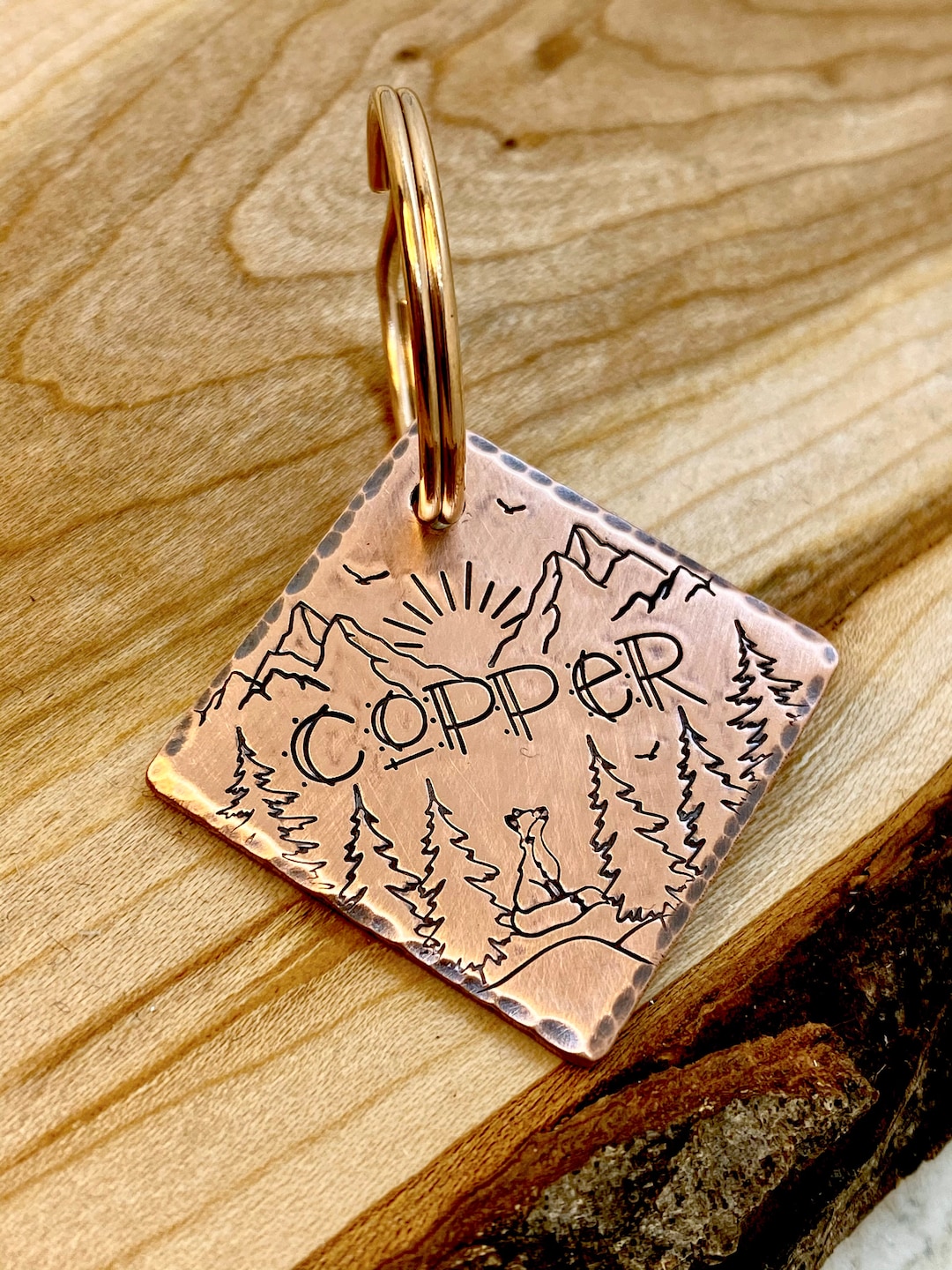 Fox Dog Tag: Mountain Design, Forest, Sunrise, Diamond