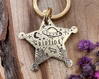 Sheriff Badge Dog Tag: UFO Design, Cow Abduction, Forest, Spaceship, Personalized Pet ID