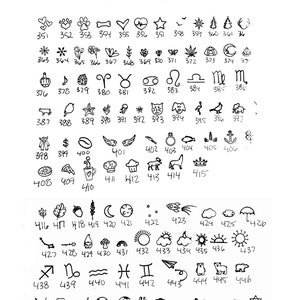 May include: A sheet of paper with a grid of 69 small black and white illustrations. The illustrations are numbered from 351 to 469. The illustrations include various symbols, animals, and objects, such as hearts, stars, a paw print, a bone, a heart with a pulse, a bird, a snowflake, a flower, a musical note, a cow, a bird, a starfish, a cactus, a jellyfish, a cat, a dog, a flamingo, a coffee bean, a fish, a ring, a unicorn, an anchor, a pizza, a chef's hat, a cupcake, a deer, a horse, a crown, a leaf, an acorn, a wheat stalk, a crescent moon, a rocket, a cloud, an umbrella, a mushroom, a rainbow, a sun, a sunrise, a bear, a paper airplane, an arrow, a Capricorn, a wave, a Pisces, a Gemini, a cross, a beer mug, a baseball, a soccer ball, a lobster, a pumpkin, a football, a chicken, a pig, a bird, a Star of David, a clover, a peace sign, a rose, a leaf, a wave, a flower, a flower, a french fry, a chili pepper, and a coffee cup.