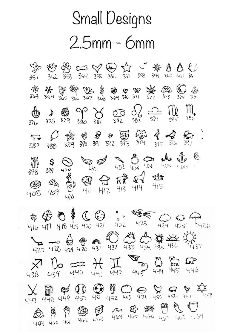 May include: A sheet of paper with a grid of 69 small black and white illustrations. The illustrations are numbered from 351 to 469. The illustrations include various symbols, animals, and objects, such as hearts, stars, a paw print, a bone, a heart with a pulse, a bird, a snowflake, a flower, a musical note, a cow, a bird, a starfish, a cactus, a jellyfish, a cat, a dog, a flamingo, a coffee bean, a fish, a ring, a unicorn, an anchor, a pizza, a chef's hat, a cupcake, a deer, a horse, a crown, a leaf, an acorn, a wheat stalk, a crescent moon, a rocket, a cloud, an umbrella, a mushroom, a rainbow, a sun, a sunrise, a bear, a paper airplane, an arrow, a Capricorn, a wave, a Pisces, a Gemini, a cross, a beer mug, a baseball, a soccer ball, a lobster, a pumpkin, a football, a chicken, a pig, a bird, a Star of David, a clover, a peace sign, a rose, a leaf, a wave, a flower, a flower, a french fry, a chili pepper, and a coffee cup.