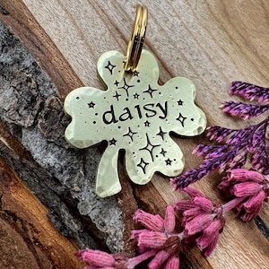 Small Clover Shaped Pet Tag: Stars Design, Celtic, Shamrock, Personalized ID for Dogs Cats