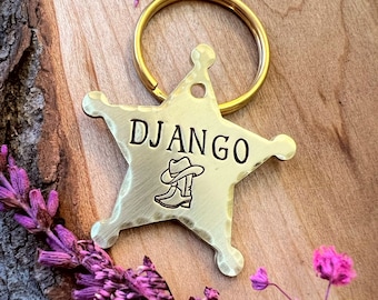Médaille pour chien avec badge shérif : design western, bottes de cowboy, étoile, désert, carte d'identité personnalisée pour animal de compagnie