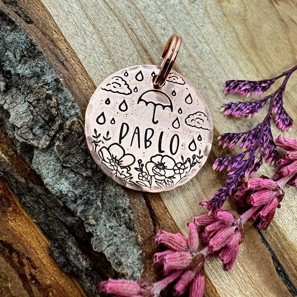 SMALL TAG - Spring Pet Tag - Rain - Nimbus - Clouds - Umbrella - Small Tag for dogs - Tag for Cats - Cat Tag - Custom -Personalized -Flowers