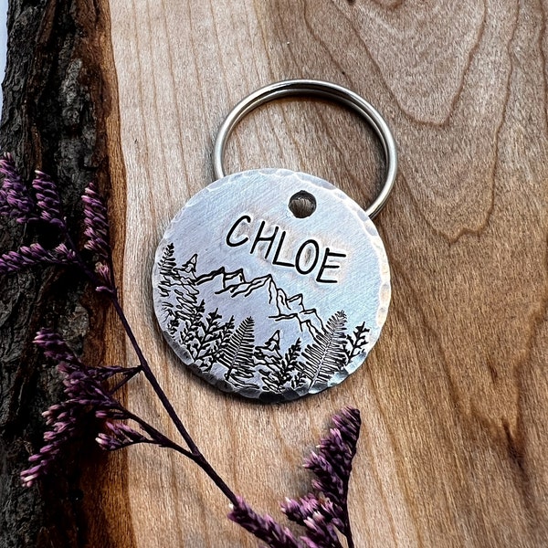 Pet ID Tag - Mountain Dog Tag - Dog Tag - Dog Collar Tag - Pet Name Tag - Hand Stamped Dog Tag - Custom - Forest - Personalized - Thick